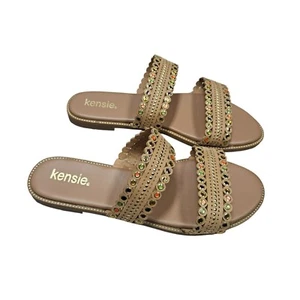 Kensie neu im Karton verzierte flache Damen-Pantoletten Sandalen mehrfarbig Slipper Größe 10 hellbraun - Bild 1 von 8