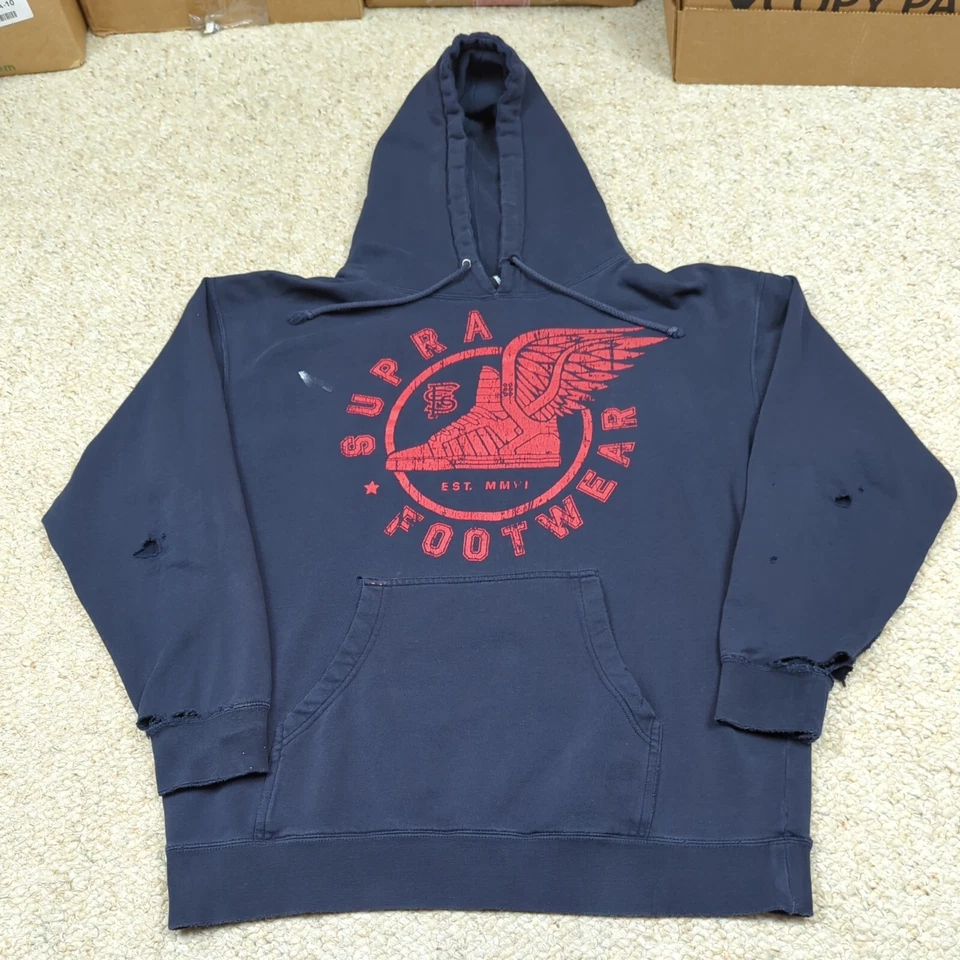 Supra Shoes Hoodie Masculino L Azul Furos Desbotados Grunge Aflito Ano Novo - Imagem 1 de 4