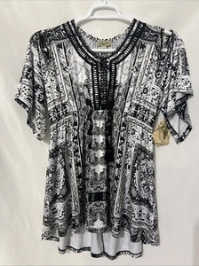 One World Sz L Paisley Tunic Blouse Embroidery Detail Tassels Hi Low Hem - Picture 1 of 13