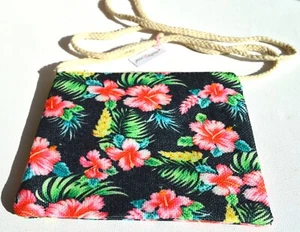 NUEVO Negro Floral Cremallera Natural Cordón Cruzado Bolso de Mano Tropical Moda Verano - Imagen 1 de 2