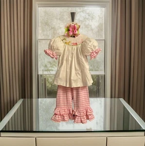Girls NWT Delaney By Remember Nguyen Smocked Pants Set Dress Top Free Bow 5 - Picture 1 of 15