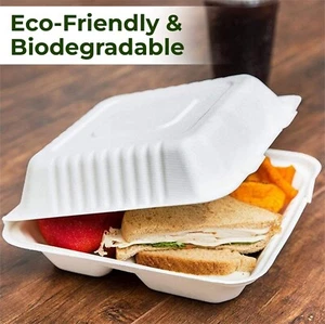 100 Pack Clamshell Take Out Food Containers, 100% Compostable Disposable To Go - Picture 1 of 6