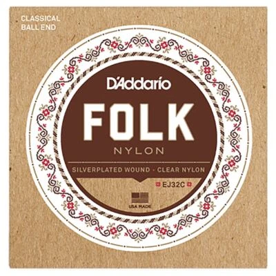CLASSICAL GUITAR STRINGS D'ADDARIO EJ32C FOLK SILVER WOUND CLEAR NYLON BALL END