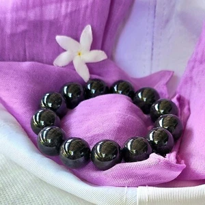 Rare Item Black Jade Bracelet Solid Round Beads Burmese Jadeite Type A 14.7 mm - Picture 1 of 10