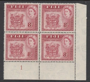 FIJI: 1954 QEII 8d SG 288 “LOWER RIGHT CORNER PLATE 1 BLOCK OF 4”, 3**/1*. - Picture 1 of 2