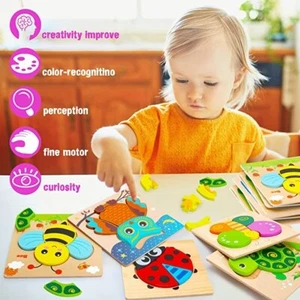 Kids Learning Animal Shaped Wooden Puzzles Educational Activity Toys /Montessori - Picture 1 of 5