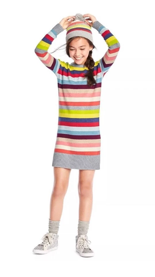 NUEVO GAP Niños Niñas Divertido Loco Rayas Anchas Plateado Metálico Suéter Vestido M L Nuevo con Etiquetas Foto 1 de 4