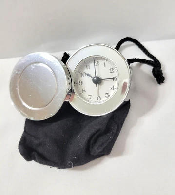 NEW Pottery Barn Aldo Travel Alarm Clock Battery  Silver Plated Mini Size w/ Bag - Image 1 of 4