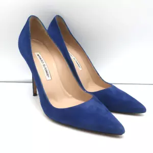Manolo Blahnik BB 105 Pumps Blue Suede Size 38 Pointed Toe Heels - Picture 1 of 11