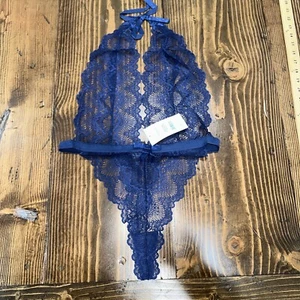 Oh La La Cheri L/XL High Leg Scalloped Lace Teddy - Navy Blue NWT - Picture 1 of 6