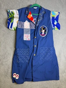 Vintage Oriental Dress Womens Large Patchwork Blue Short Sleeve - Picture 1 of 9