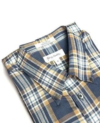 John W. Nordstrom Button Down Shirt Cotton Plaid Blue Tan Ivory Vintage XL - Image 1 of 4