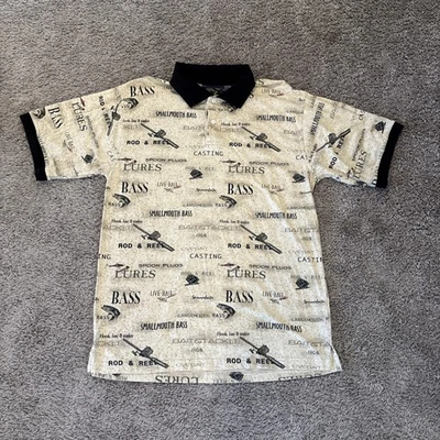 FISHING-THEME POLO SHIRT SZ M Medium BASS bait jigs tackle rod reel NOVELTY - Image 1 of 4