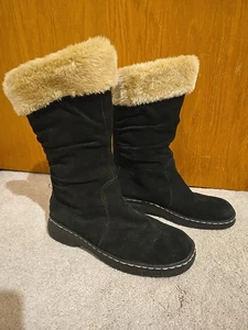 Bare Traps Willing Black Suede Leather Boots Faux Fur Zip Up Sz 9M Calf High - Picture 1 of 9