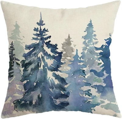 Funda de almohada de invierno 20x20 pulgadas acuarela verde azulado árbol copo de nieve decoración Foto 1 de 4