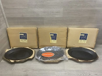 Set Of 3 Eldan Japan Cast Iron Steak 12" x 8" Server Sizzler Platters Wood Base - Image 1 of 4