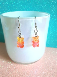 🧸Cute Novelty Retro Orange Resin Gummy Bear Silver tone Earrings🧸 - Picture 1 of 8