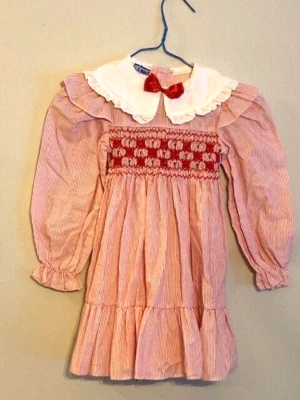Vntg Polly Flinders Dress size 5 Hand Smocked Dress White w/Red Pinstripe Eyelet - Image 1 of 4