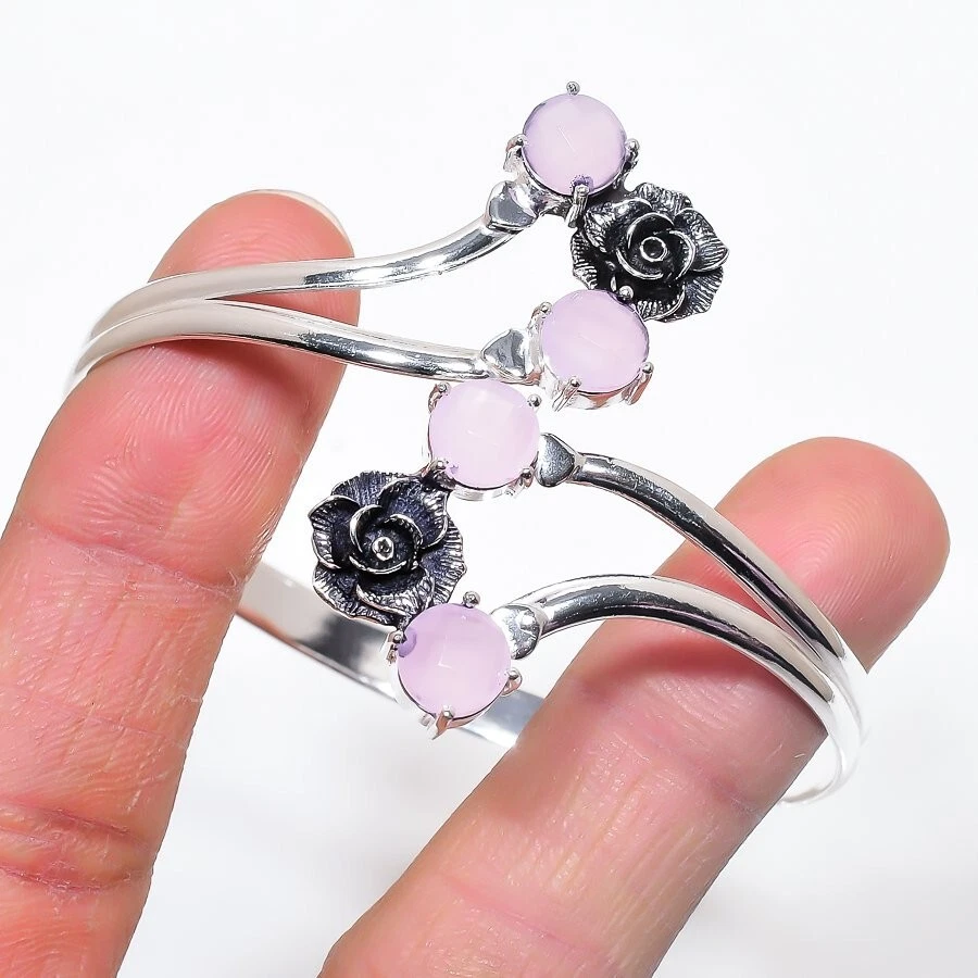 Pink Rose Quartz Gemstone Handmade 925 Sterling silver Adjustable Cuff Bracelet Foto 1 de 1
