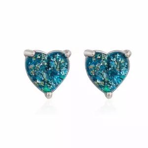 925 Sterling Silver Blue Opal Gemstone CZ Love Heart Stud Earrings Women Girl - Picture 1 of 7