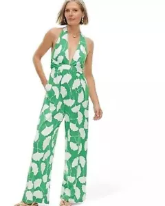 Diane von Furstenberg Women's Halter Jumpsuit Deep V-Neck, Ginkgo Green DVF XS - Picture 1 of 4