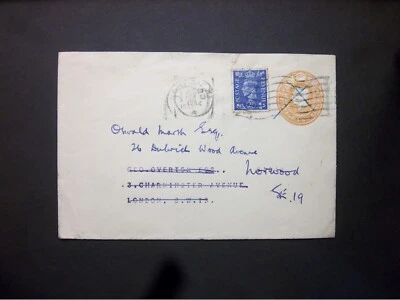 GB канцелярские товары STO 1942 KGVI 2d оранжевый конверт H & B ES63 возвращен + KGVI 21/2d - Изображение 1 из 2