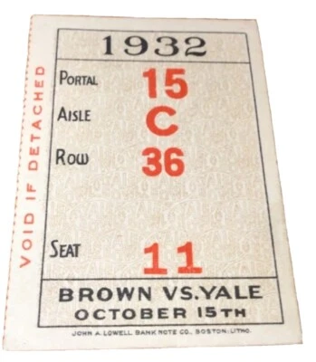 Vintage 1932 Brown Bears vs Yale Bulldogs Football Ticket 10/15/32 Yale Bowl  - Image 1 of 2
