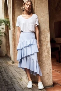 Chelsea28 XS Skirt Ruffle Midi Asymmetrical Draped Ruffle Blue White Stripes NEW - Picture 1 of 8