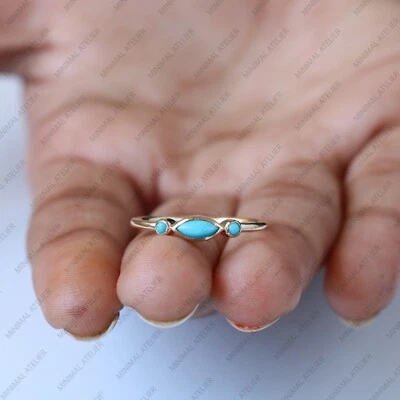 Delicado anillo apilable de piedras preciosas turquesa de oro amarillo de 14 k regalo para alianza de boda  Foto 1 de 4