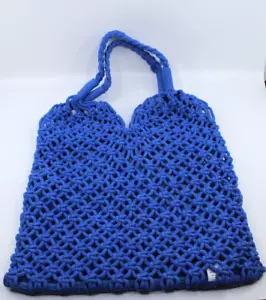 A7 Auth J.CREW Cadiz Hand-Knotted Rope Tote Handbag Purse Blue 100% Cotton - Picture 1 of 5