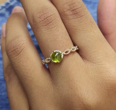 Natural Peridot Round Solitaire Ring Handmade Silver Promise Ring Gift For Her - Image 1 of 4