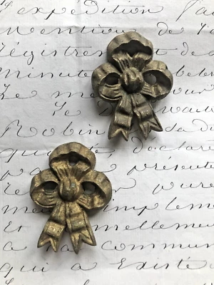 Pr Antique French Tied Bow Bronze Ormolou CACHE CLOU Picture Hook Covers c1891 - Image 1 of 4