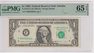*FANCY* Fr 1914-F 1988 $1 FRN F99935902A PMG 65EPQ GEM CU ATLANTA GREEN - Picture 1 of 2