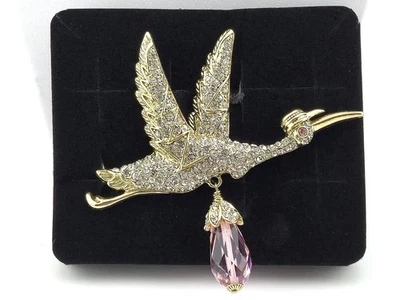 Heidi Daus A Very Special Delivery Beaded Crystal Stork Pin/Brooch Pink Stone - Image 1 of 3