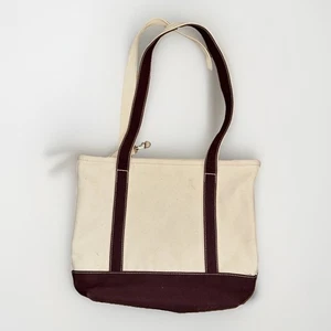 Sz Medium Lands’ End Open Top Canvas Tote Bag Natural Dusty Cream Navy Pockets - Picture 1 of 1