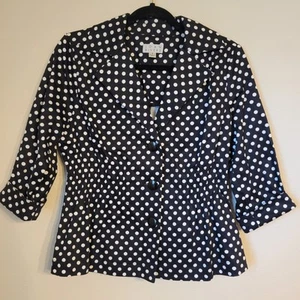 Joan Rivers Blazer 8 Black White Polka Dot Ruched Waist 3 Button Jacket Cotton - Picture 1 of 5