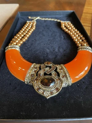 Vtg HEIDI DAUS Signature Accent Necklace Faux Pearls Topaz Orange Choker Bib - Image 1 of 4