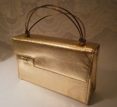 Bolso de Mano Vintage Harry Levine EE. UU. Dorado Metálico Estilo Caja Elegante Asas Superiores Foto 1 de 4