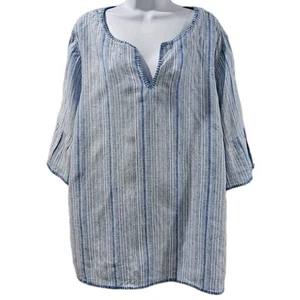 Tahari Womens Top 3X 100% Linen Tunic Vertical Stripe Blue Lagenlook Bell Sleeve - Picture 1 of 10