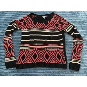 Volcom Machu Peaches Womens Sweater Black Pink Geometric Aztec Stripe Knit M - Picture 1 of 6
