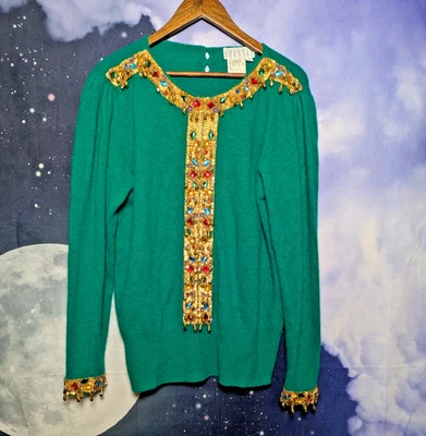 Suéter Vintage Adornado Joya Verde Talla M Shannan Glam Años 80 Festivo Lujo Foto 1 de 4