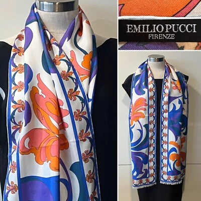 Bufanda EMILIO PUCCI Italia Sarga de Seda "Pucci Floral" Naranja/Azul 32x174cm Handroll Foto 1 de 4