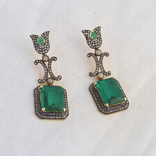 Emerald Gemstone Diamond Pave 14K Gold Earrings 925 Silver Beautiful Jewelry
