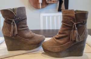 Sbicca Vintage Leather Platform Wedge Boots Ankle Booties Fringe Suede Shoes 7 - Picture 1 of 17