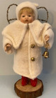 RARE!! Vntg. Porcelain Christmas snow Angel beaded wings, cloth coat + hat, bell