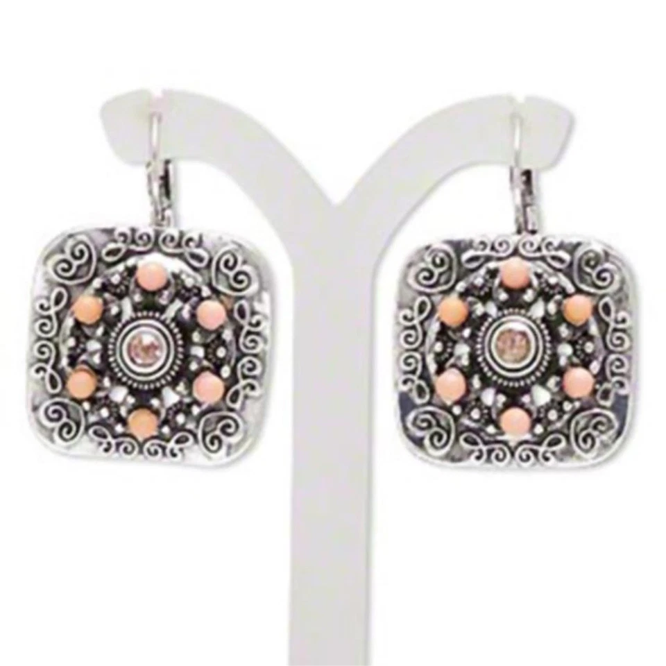 Pendientes Cuadrados Antiguos Plata Peltre Cristal Estrás Cuentas Rosa Palanca Foto 1 de 1