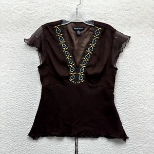 Y2K Vintage Seide Netz Top Bluse mittelbraun Perlen Boho Grunge Bohemian Boho - Bild 1 von 12