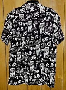 Hot Topic Occult Button Down Shirt Men L Black Skull Trippy Mushroom AOP New - Picture 1 of 4