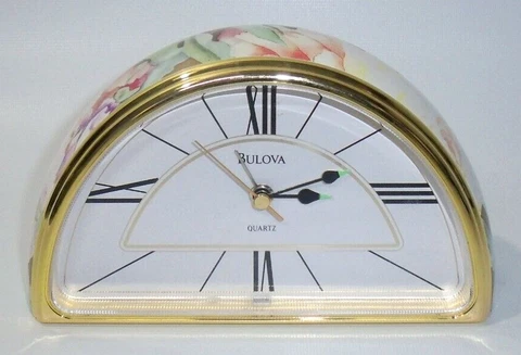 Bulova Art Deco B1481 Half Moon Quartz Alarm Clock, Pink & Green Floral, New! Cover