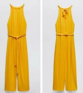 ZARA Woman’s Wide Leg Loose Flowy Belted Jumpsuit Mustard Yellow Sz Small EUC - Picture 1 of 7